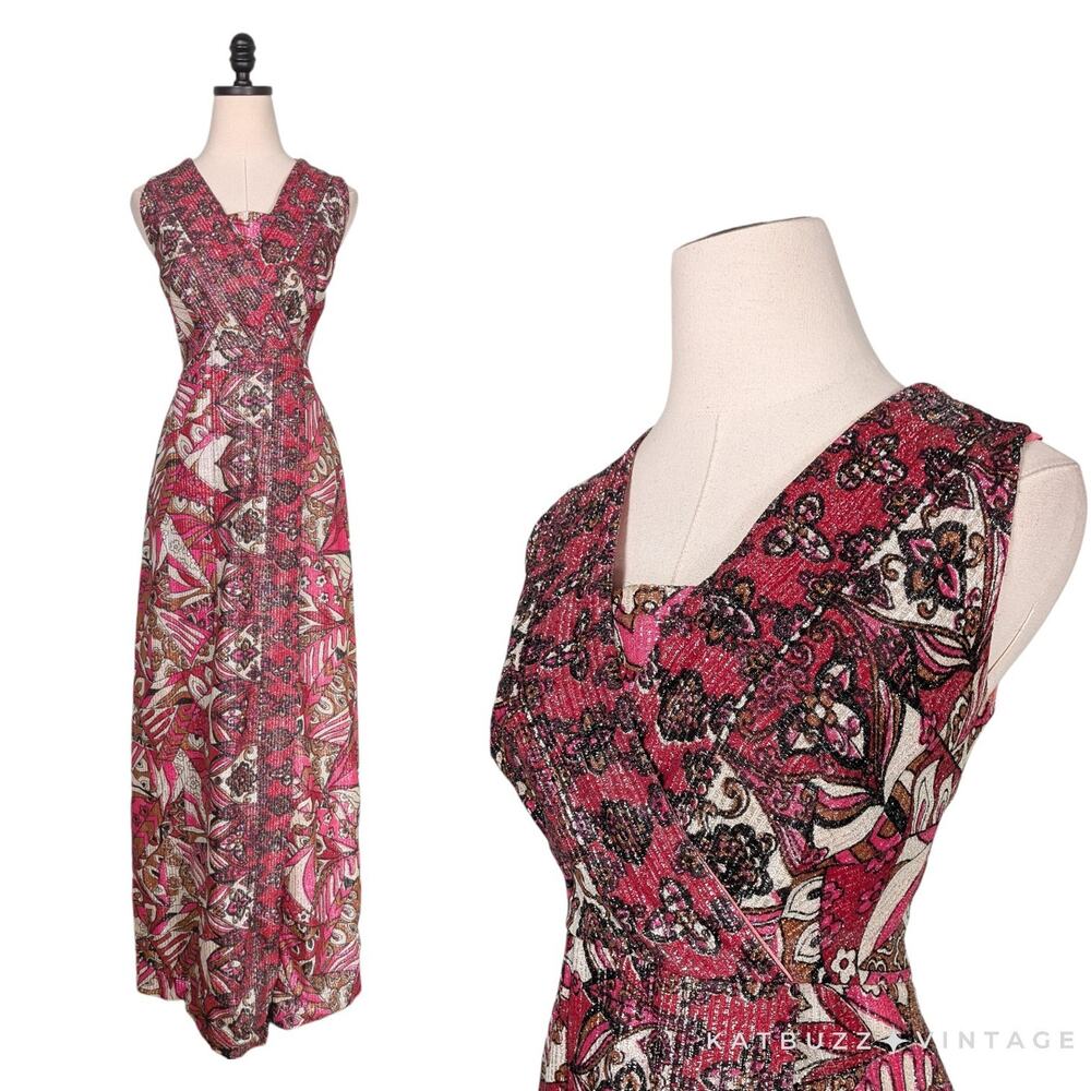 Vintage 60s Maxi Dress Gown Pink Metallic Evening 70s Glam Prom Formal Empire - Picture 2 of 14